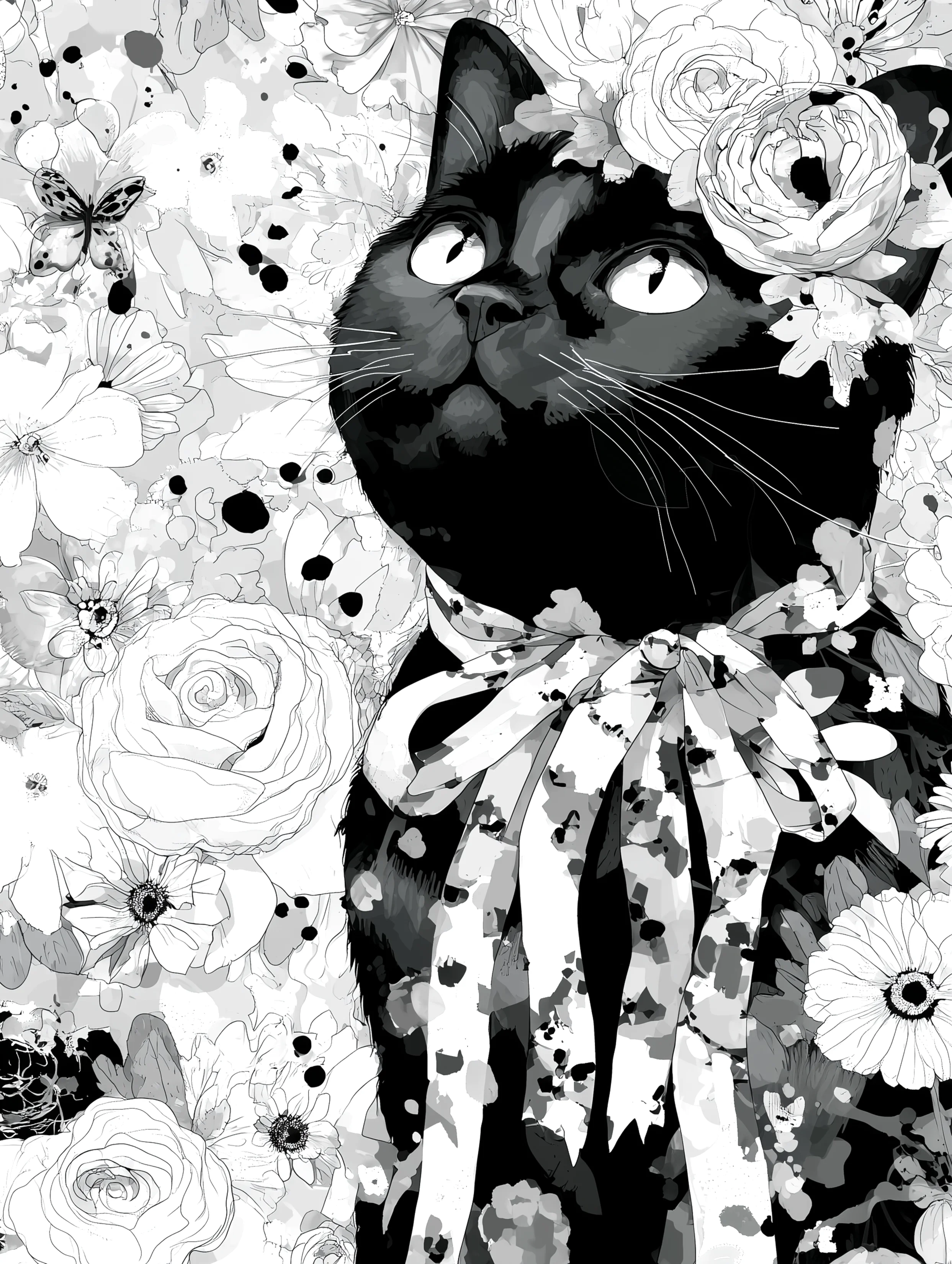 Free printable black cat coloring page for adults featuring jumbled ribbon on black cat